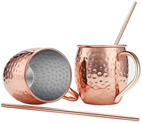 Two Moscow Mule Mugs, 16 oz with Rose Gold Steel Straws