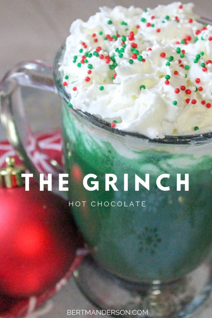 THE GRINCH Hot Chocolate recipe. Easy to make and the perfect holiday kid-friendly drink! #thegrinch #christmas #holidays #drink #kidfriendly