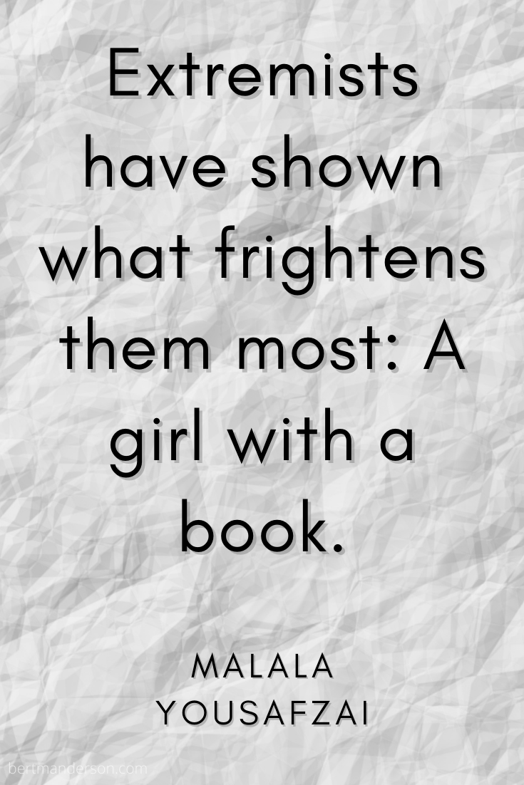 Malala Yousafzai overlay quote, "Extremists have shown what frightens them most: A girl with a book." on top of a crumpled piece of paper. Perfect for International Women's Day.