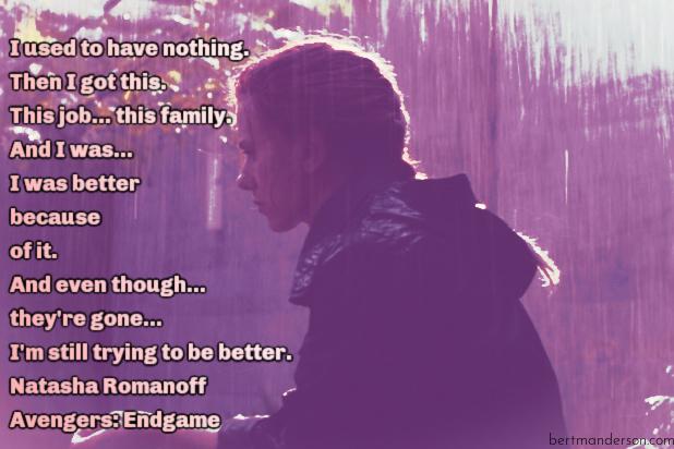 Black Widow quotes from Endgame. Natasha Romanoff sitting in the rain outside by a tree.